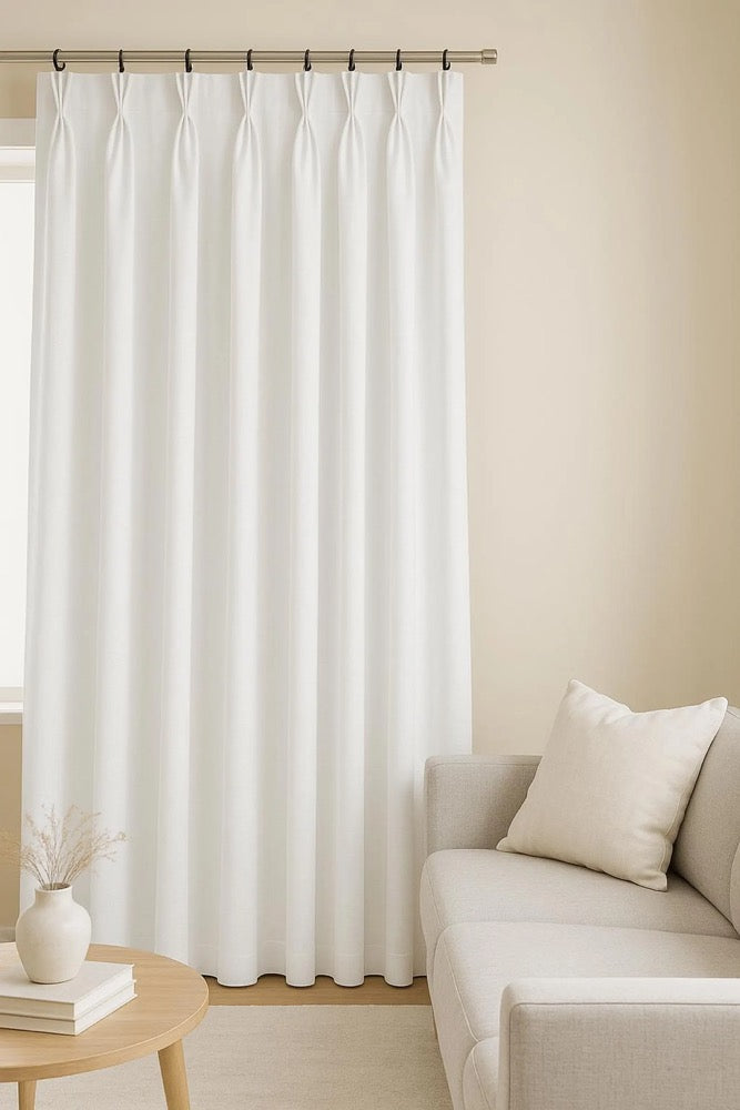 Extra Wide Triplet Pinch Pleated Faux Linen Curtains, 28 Colors, Custom Size Drapery panels for living room, for bedroom, for rod and track